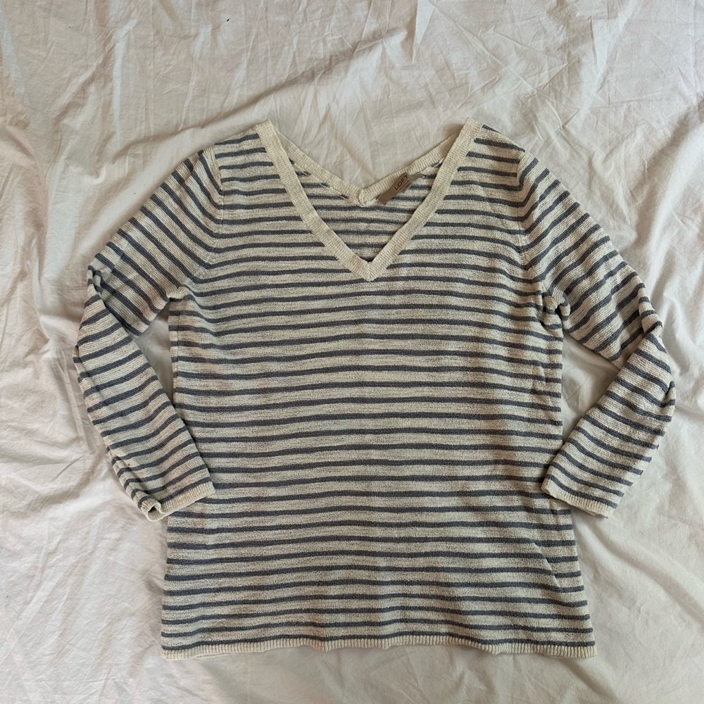 Loft sweater with light blue stripes. 3/4 sleeves.